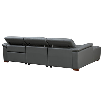 Genuine Leather Recliner Sofa, Modern Couch with Chaise, USB and Adjustable Headrest, Dark Grey