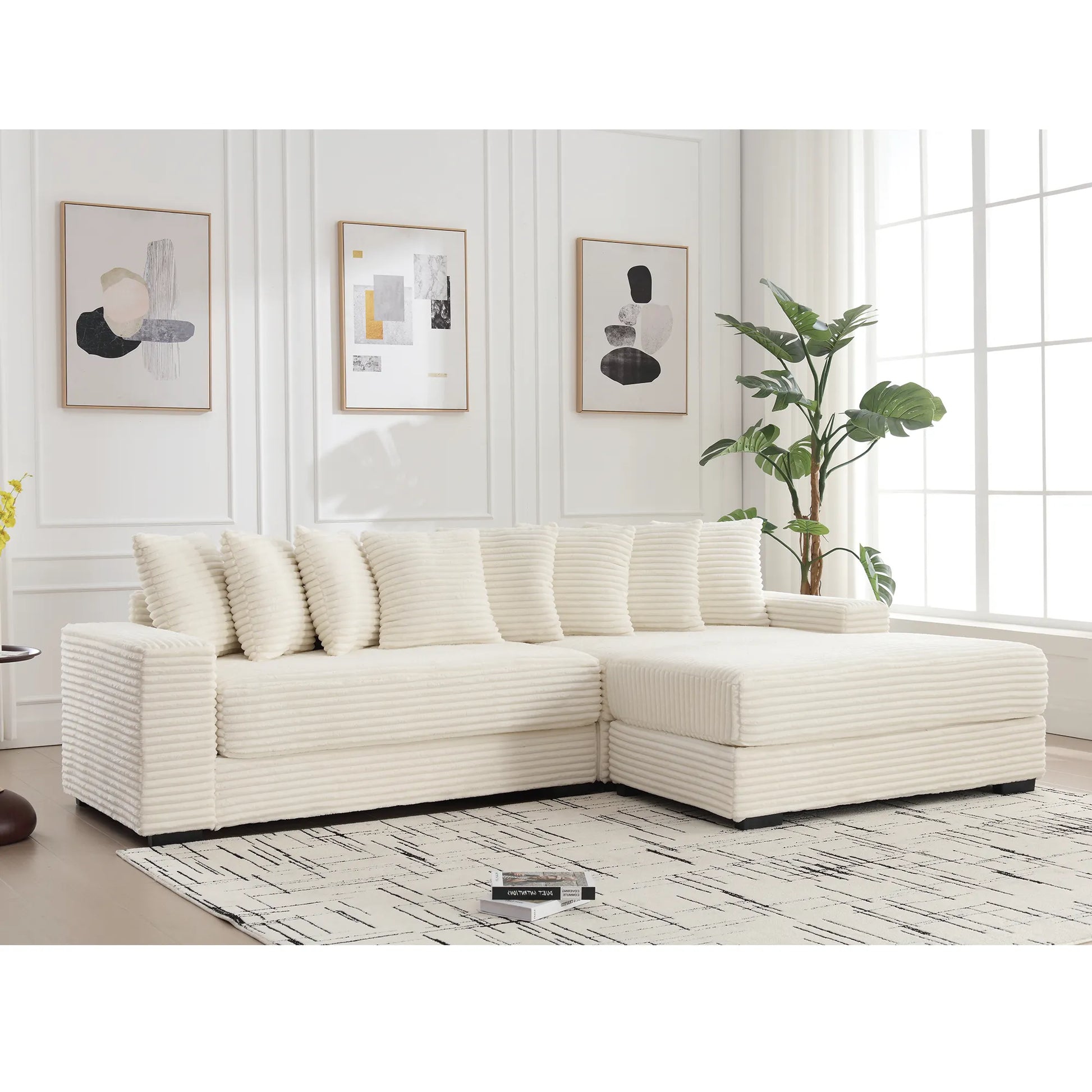 L Shaped Corduroy Couch, Plush Chaise Lounge Sofa, Beige