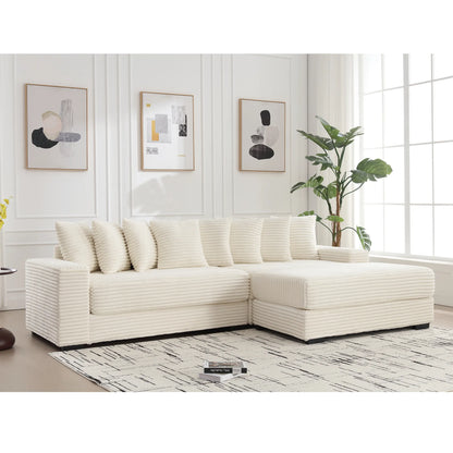 L Shaped Corduroy Couch, Plush Chaise Lounge Sofa, Beige