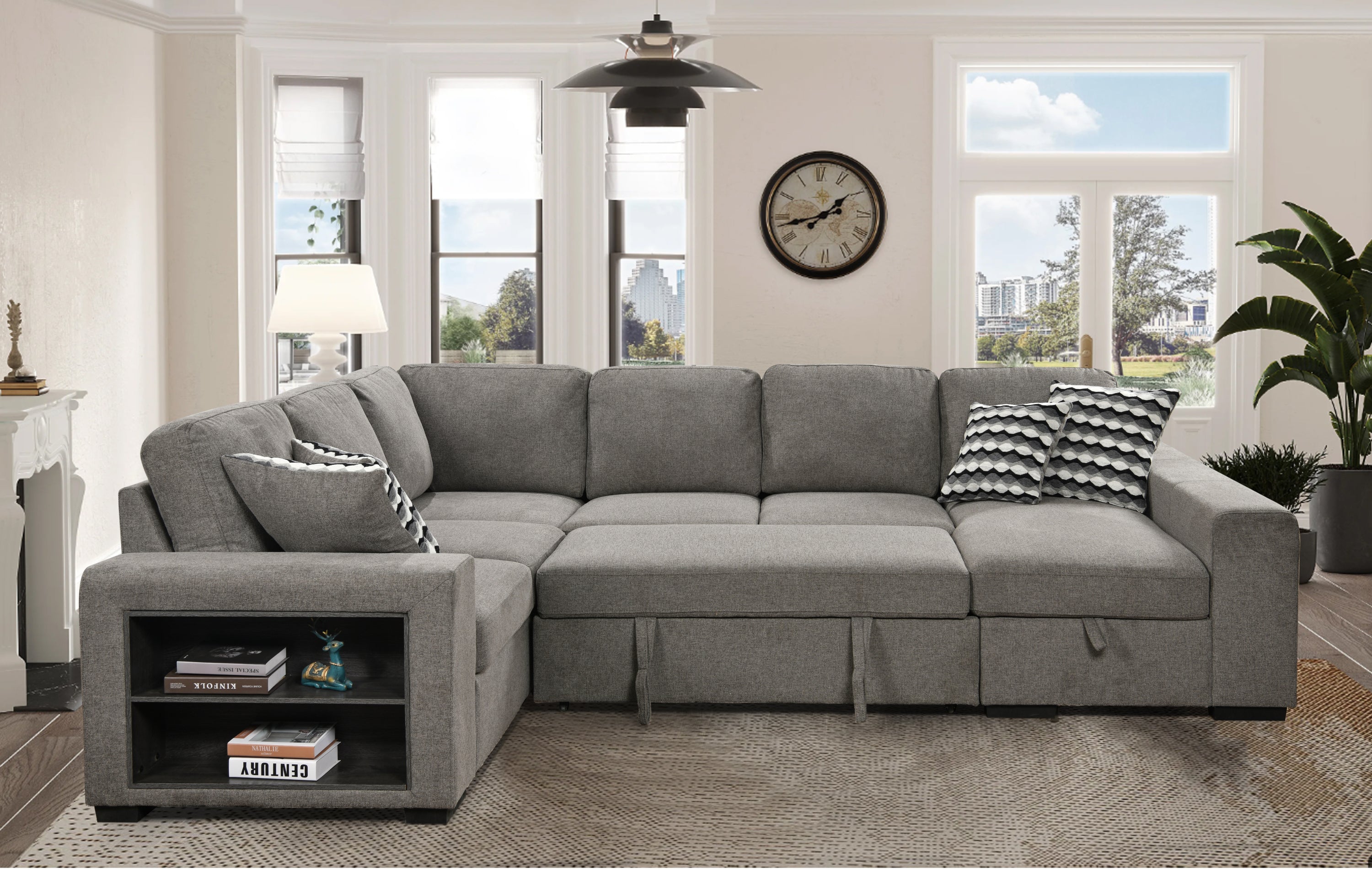 U Shaped Sectional, Sleeper Sofa with Chaise and Storage, Gray