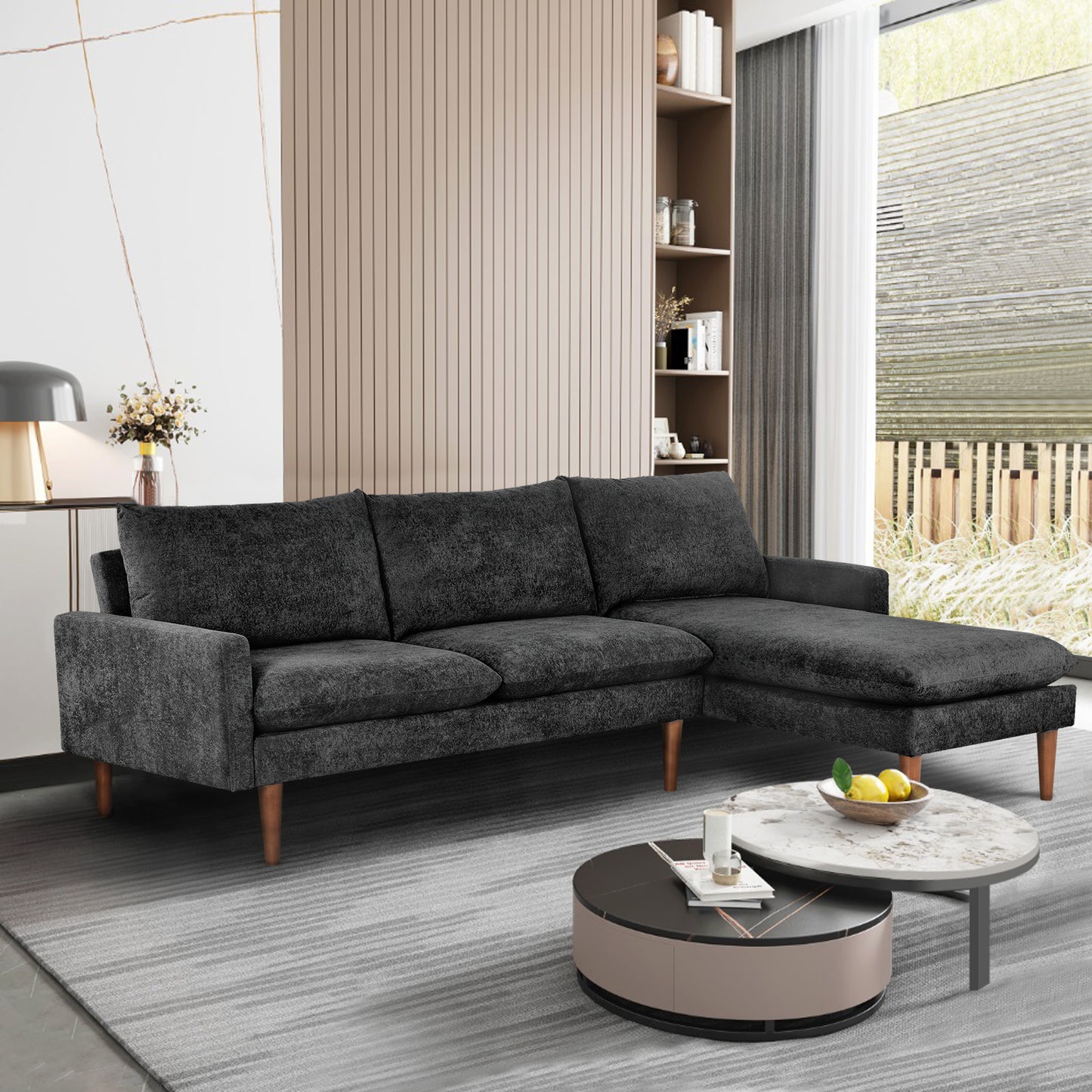 Louie Small Velvet Couch, L Shape Sofa with Chaise, Black