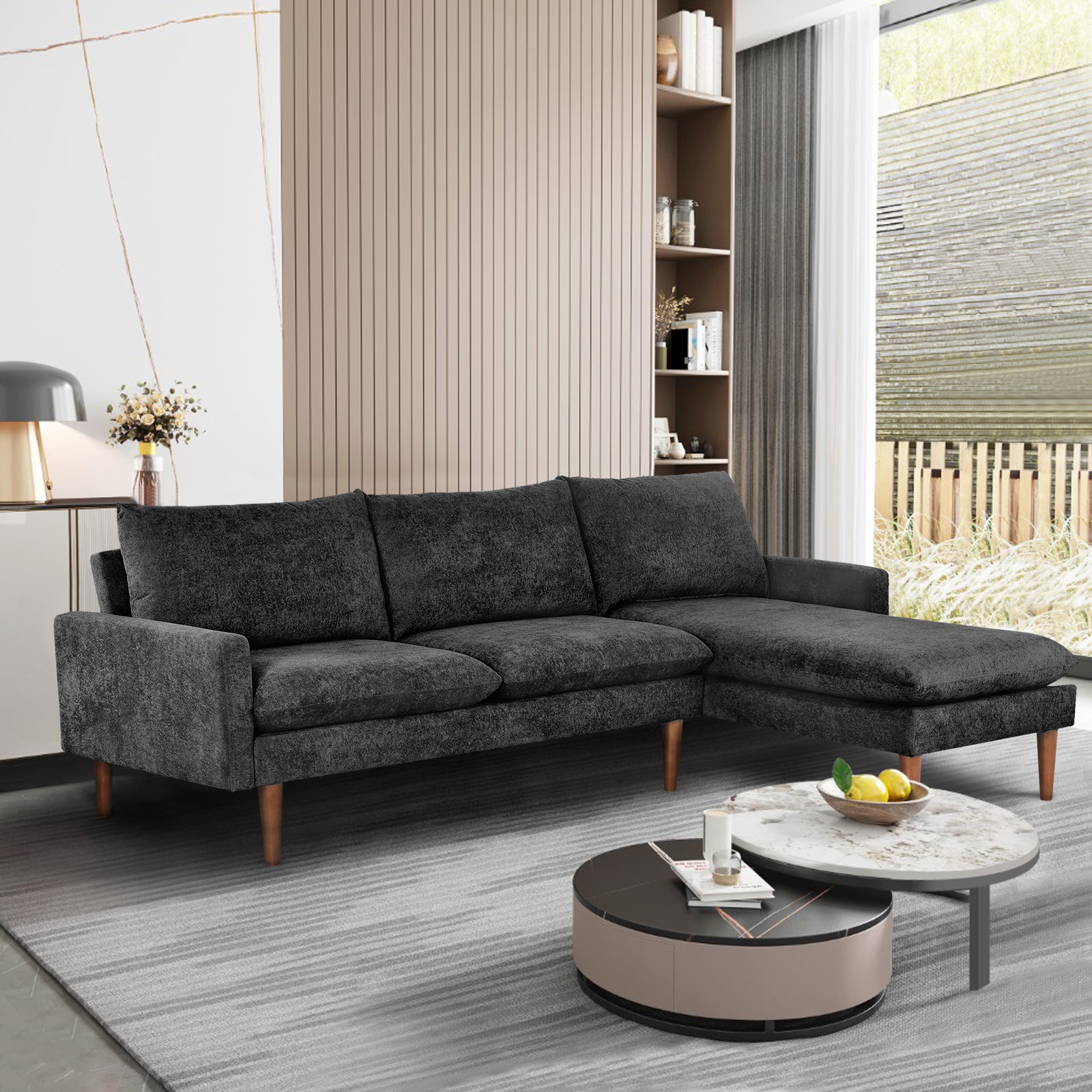 Louie Small Velvet Couch, L Shape Sofa with Chaise, Black