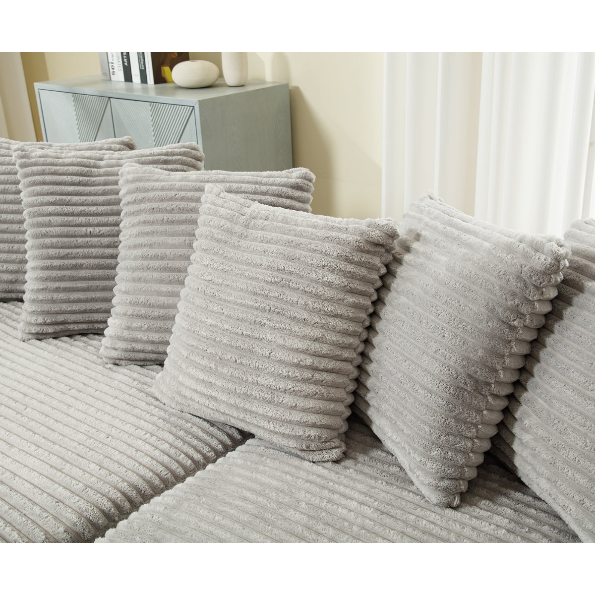 L Shaped Corduroy Couch, Plush Chaise Lounge Sofa, Gray