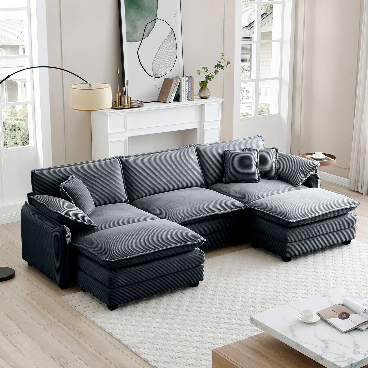 U Shape Sectional Cloud Sofa, Plush Corduroy Couch with Ottoman, Grey