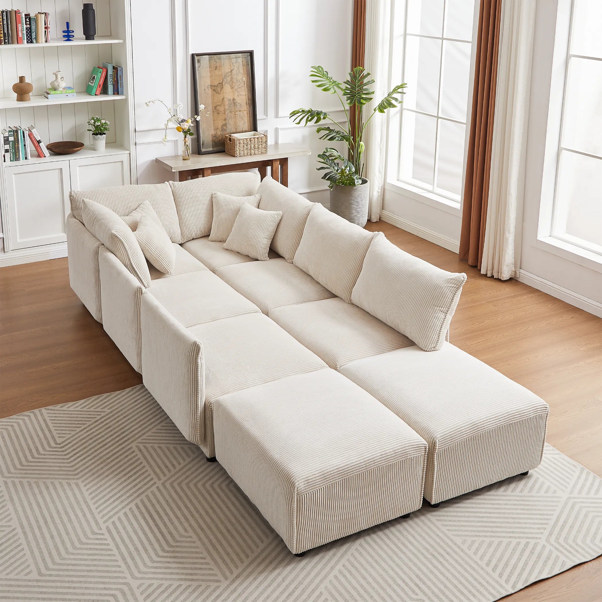 Modular U Shaped Sectional Sofa, Corduroy Couch with Ottoman - Beige