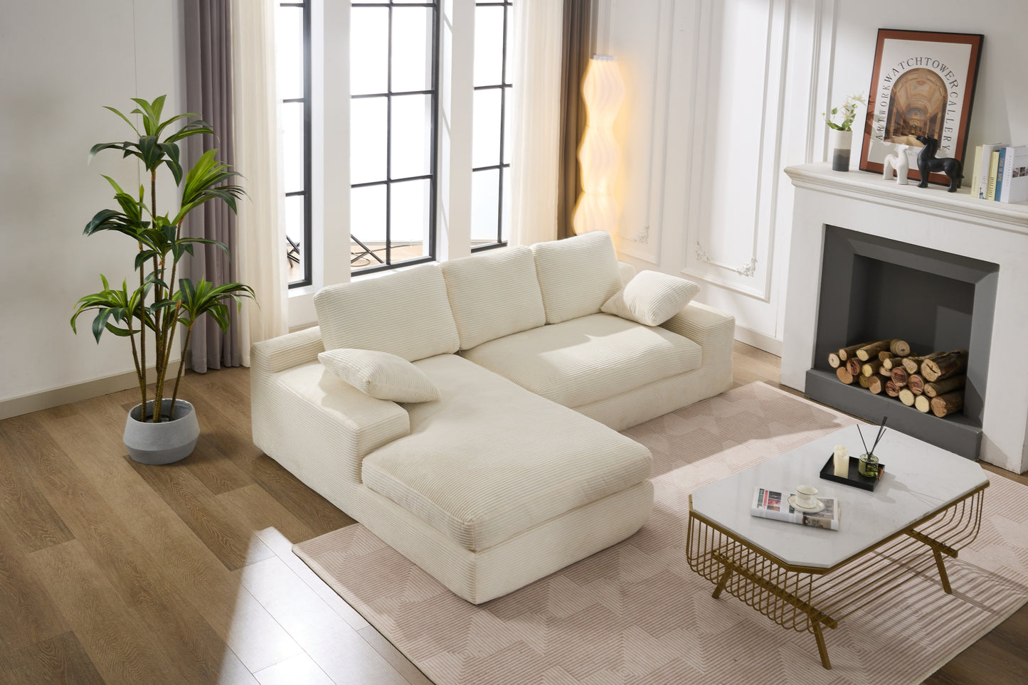 Chaise Lounge Sofa, L Shape Reversible Corduroy Couch Sectional, White