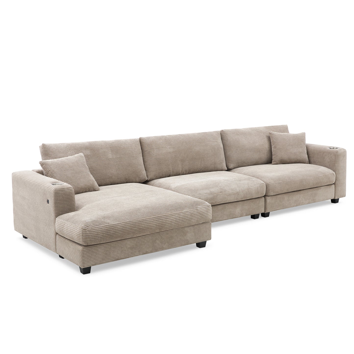 Deep Seat Corduroy Sofa, Large Sectional Couch with Chaise, Khaki
