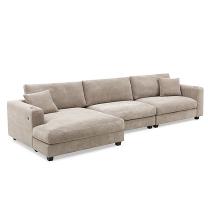 Deep Seat Corduroy Sofa, Large Sectional Couch with Chaise, Khaki