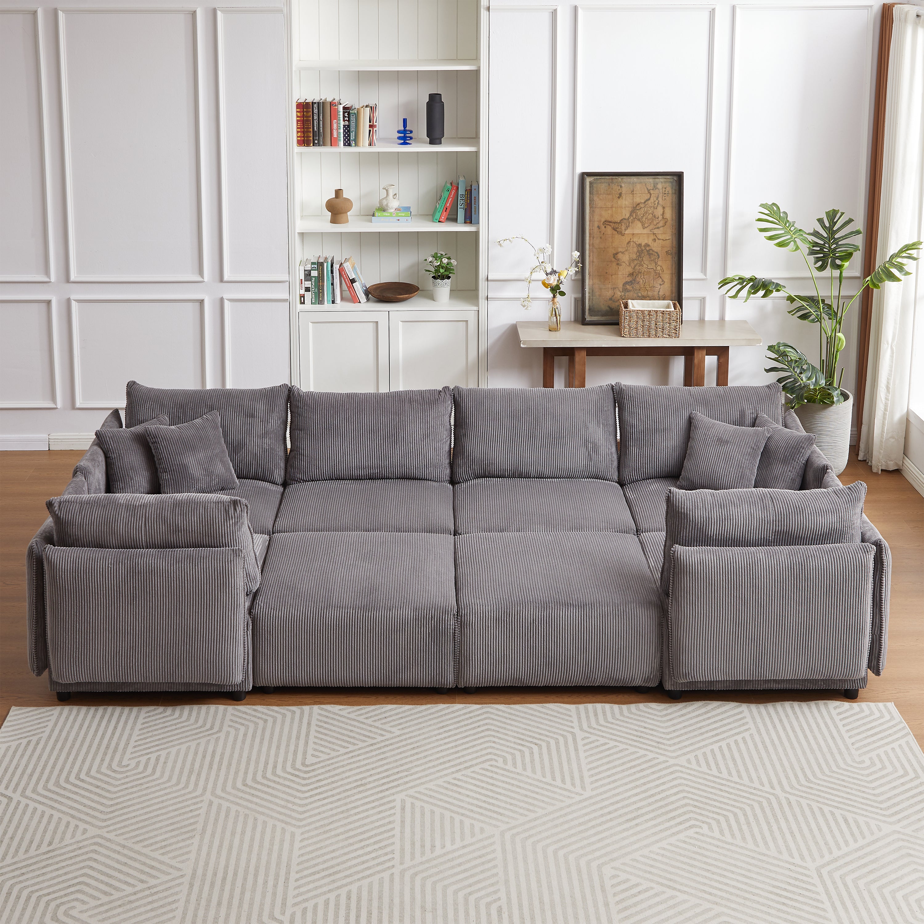 Modular U Shaped Sectional Sofa, Corduroy Couch with Ottoman - Gray