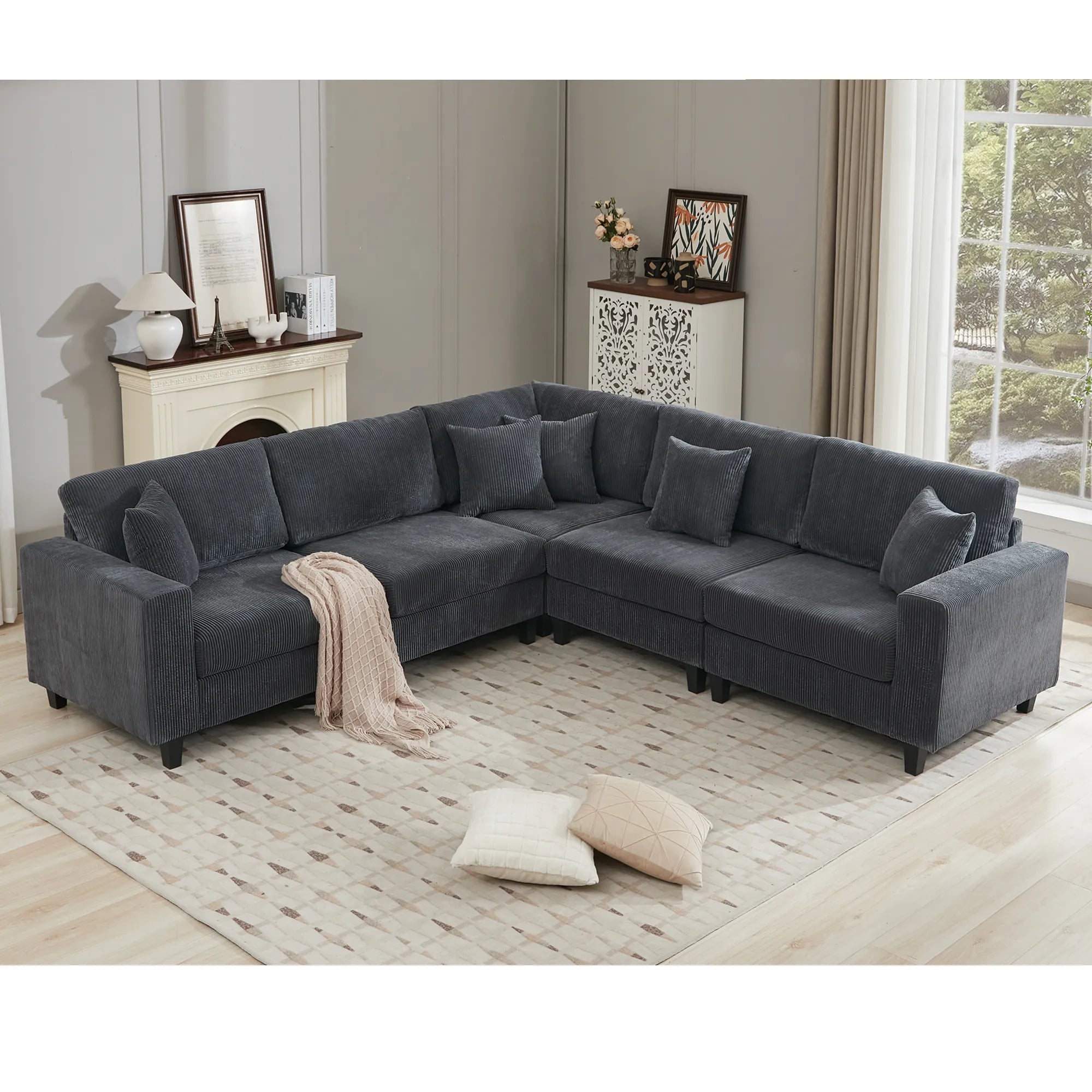 Modular Sectional Sofa, Deep Seat Corduroy Couch, Dark Gray