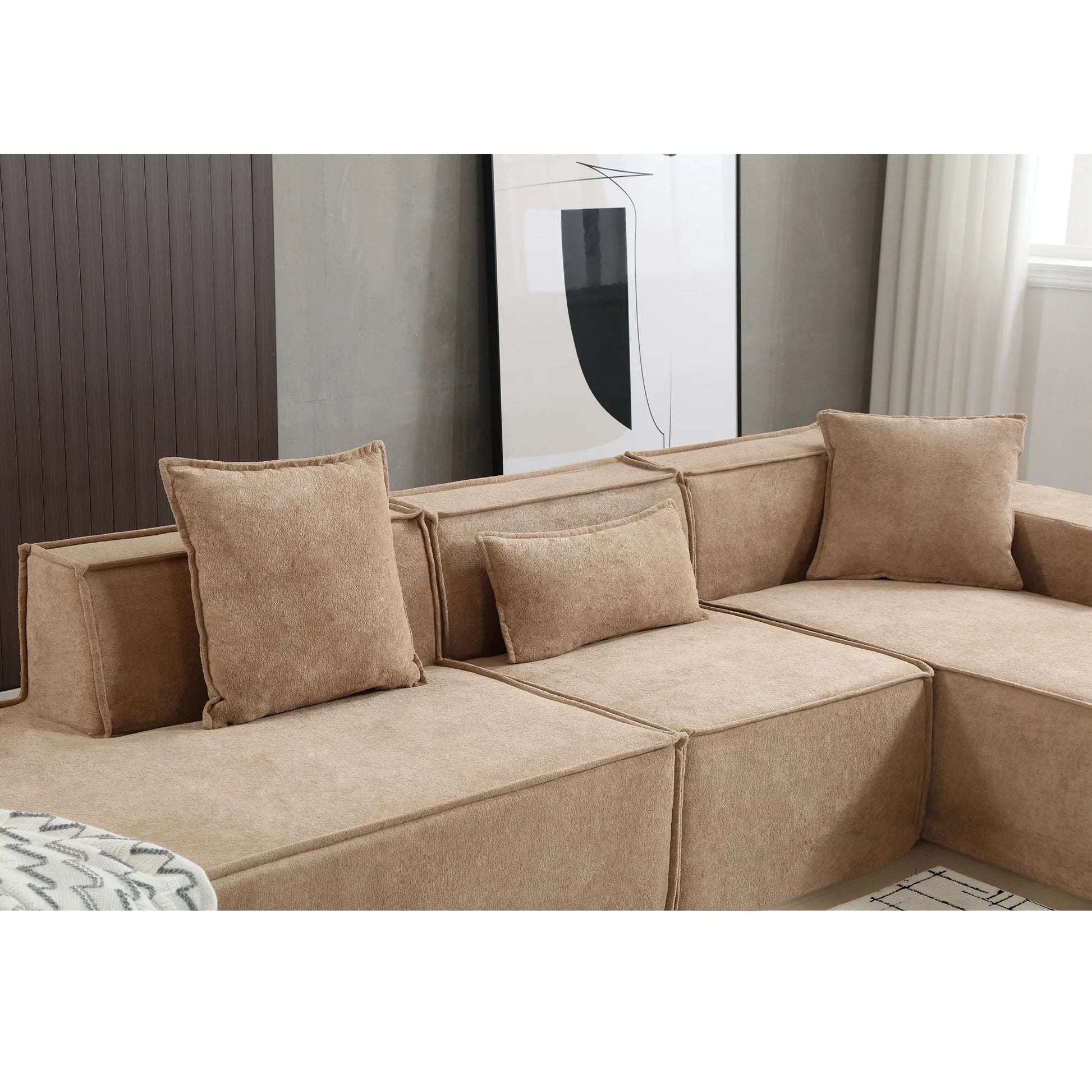 Modular Lounge Sofa, L Shaped Sectional with Chaise, Light Brown