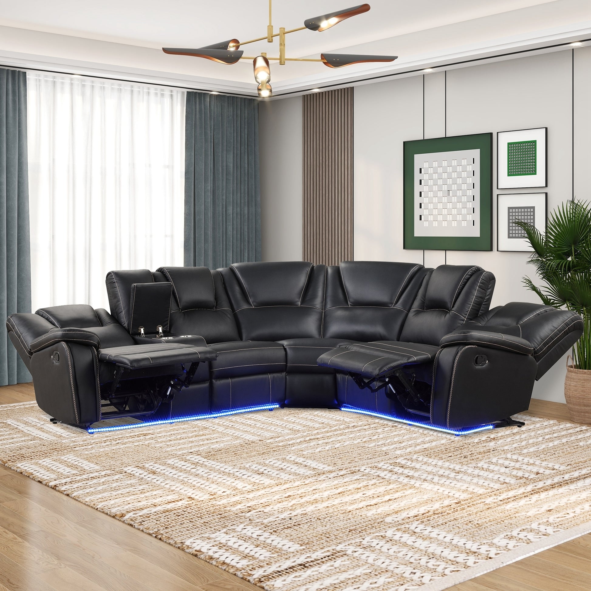 Modern Reclining Sofa, Corner Sectional Couch Recliner, Black