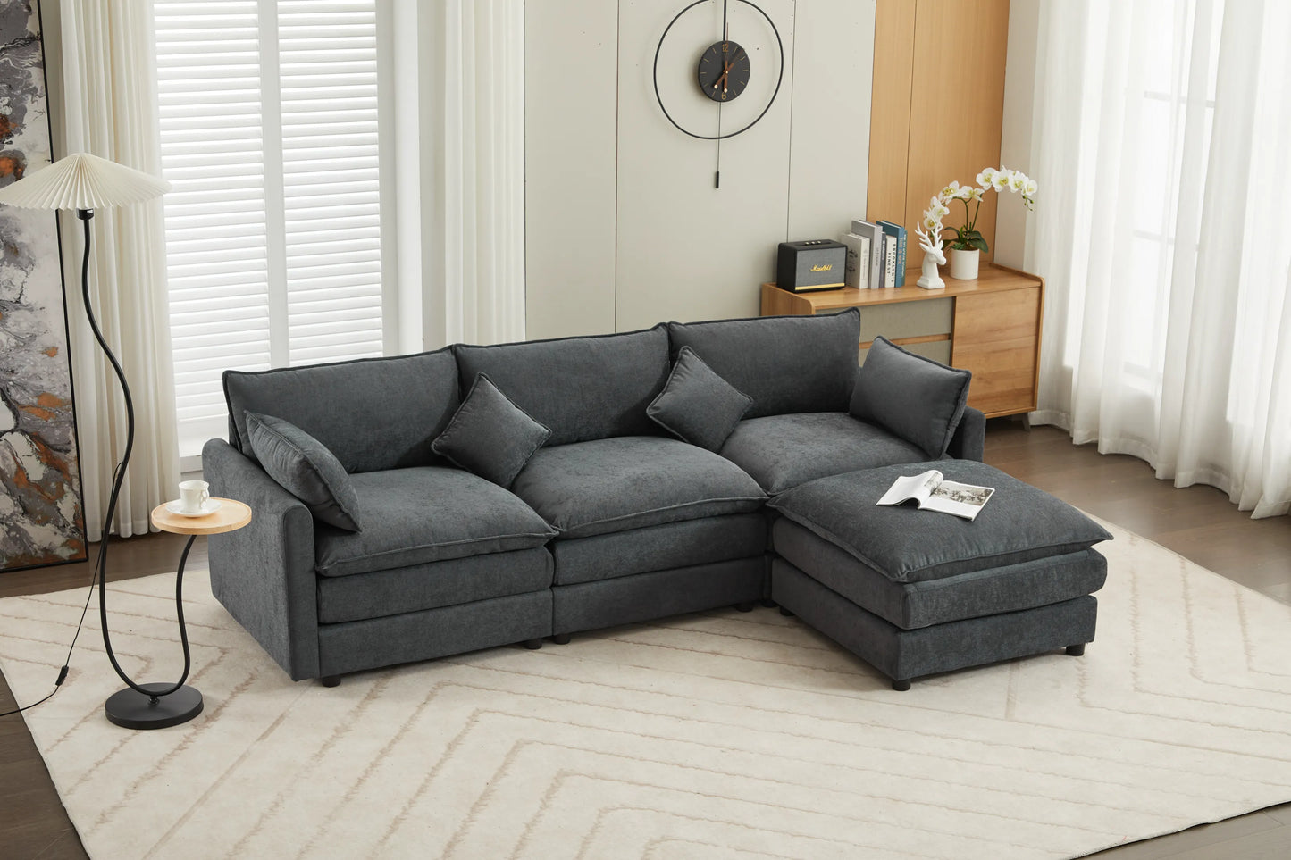 3 Seater Sofa, L Shaped Couch with Ottoman, Beige/Gray/Green