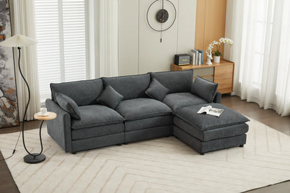3 Seater Sofa, L Shaped Couch with Ottoman, Beige/Gray/Green