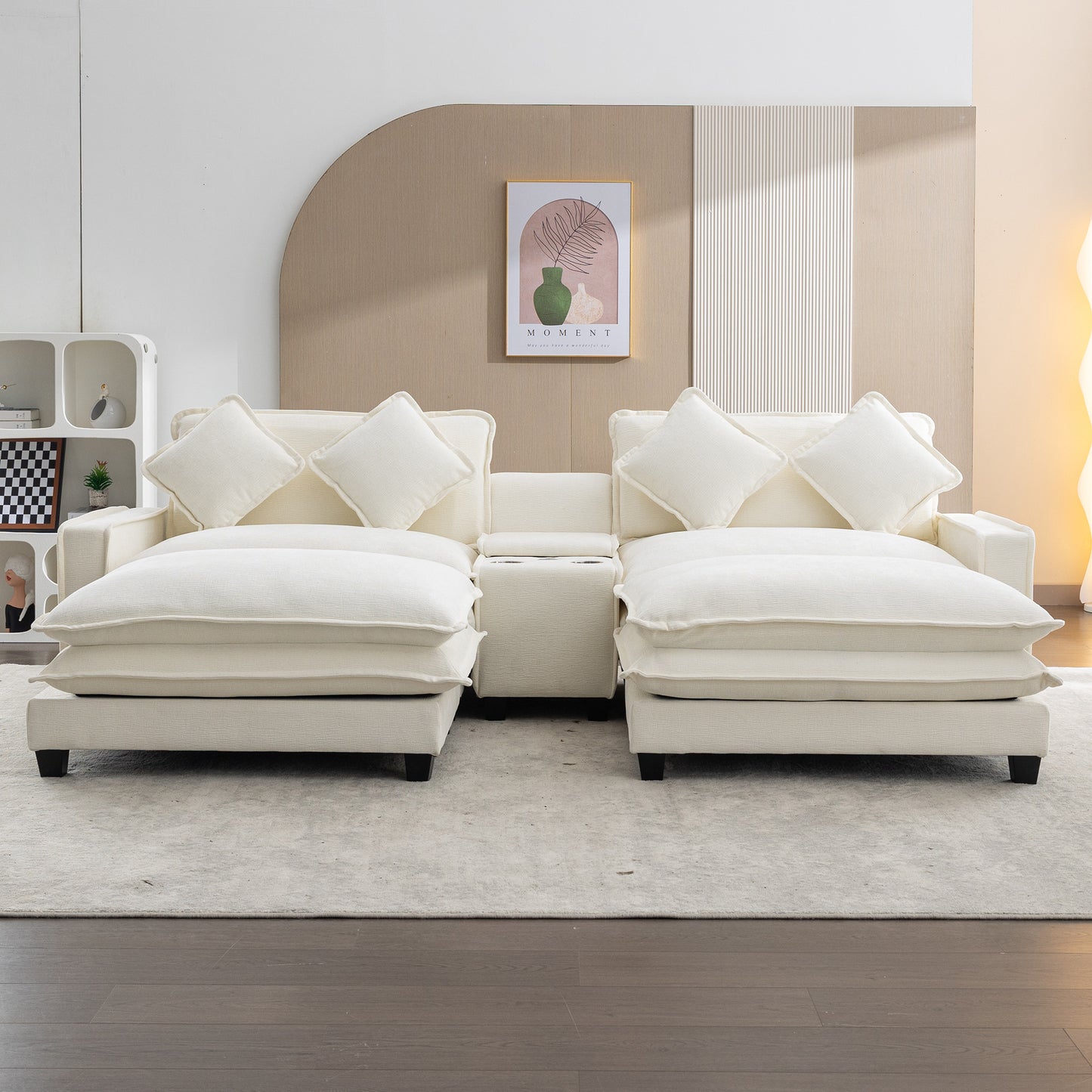 Plush Couch, Deep Seat Couch with Ottomans, Beige