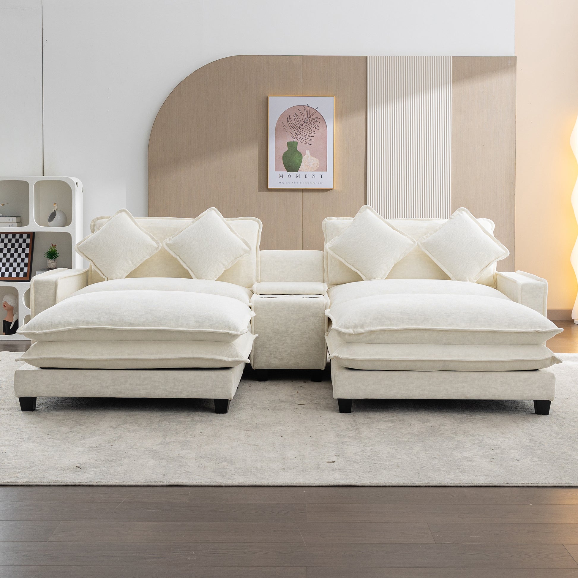 Plush Couch, Deep Seat Couch with Ottomans, Beige