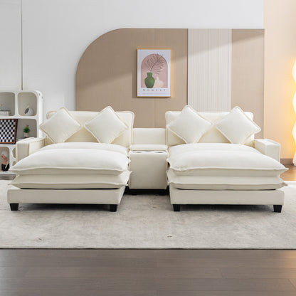 Plush Couch, Deep Seat Couch with Ottomans, Beige