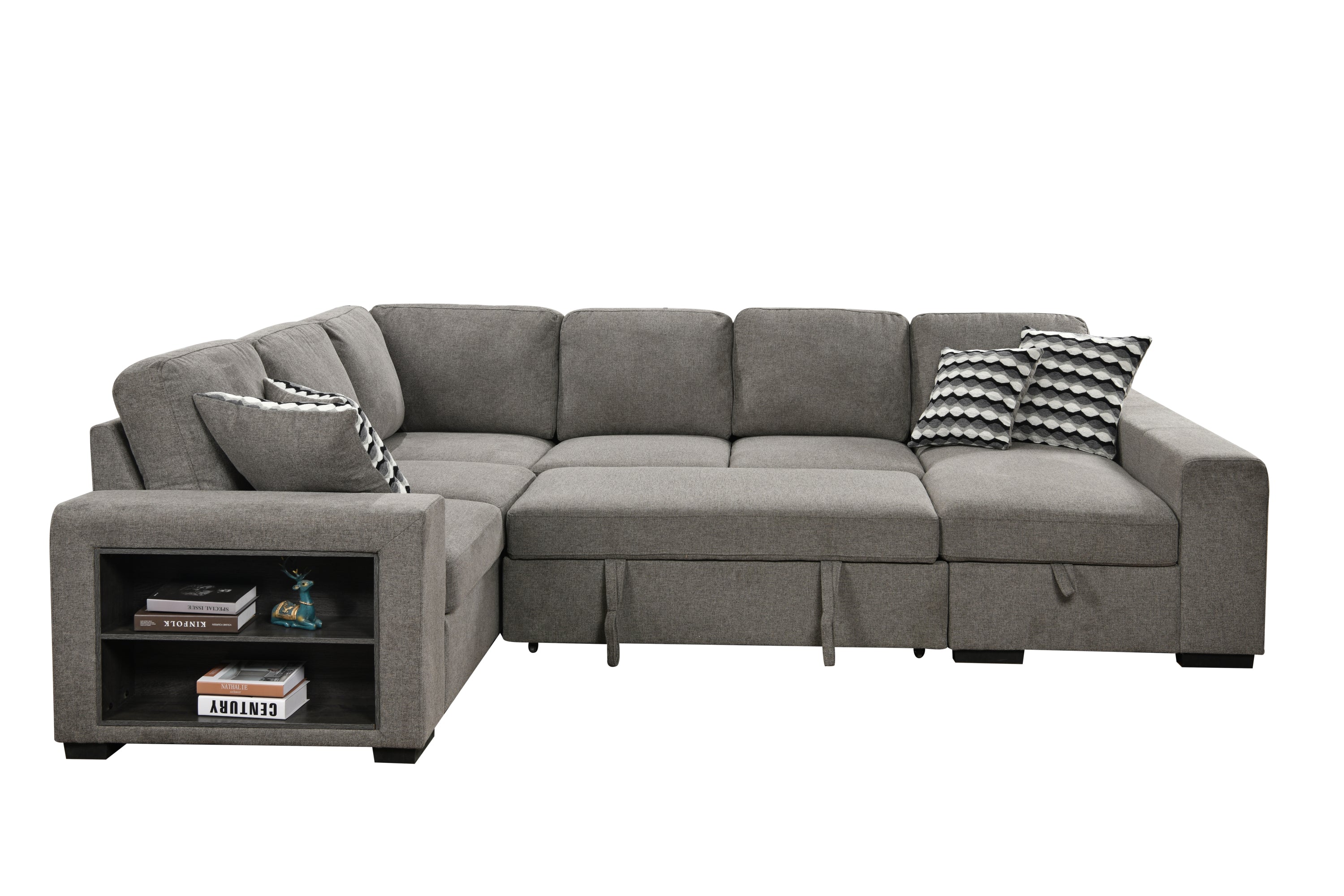 U Shaped Sectional, Sleeper Sofa with Chaise and Storage, Gray