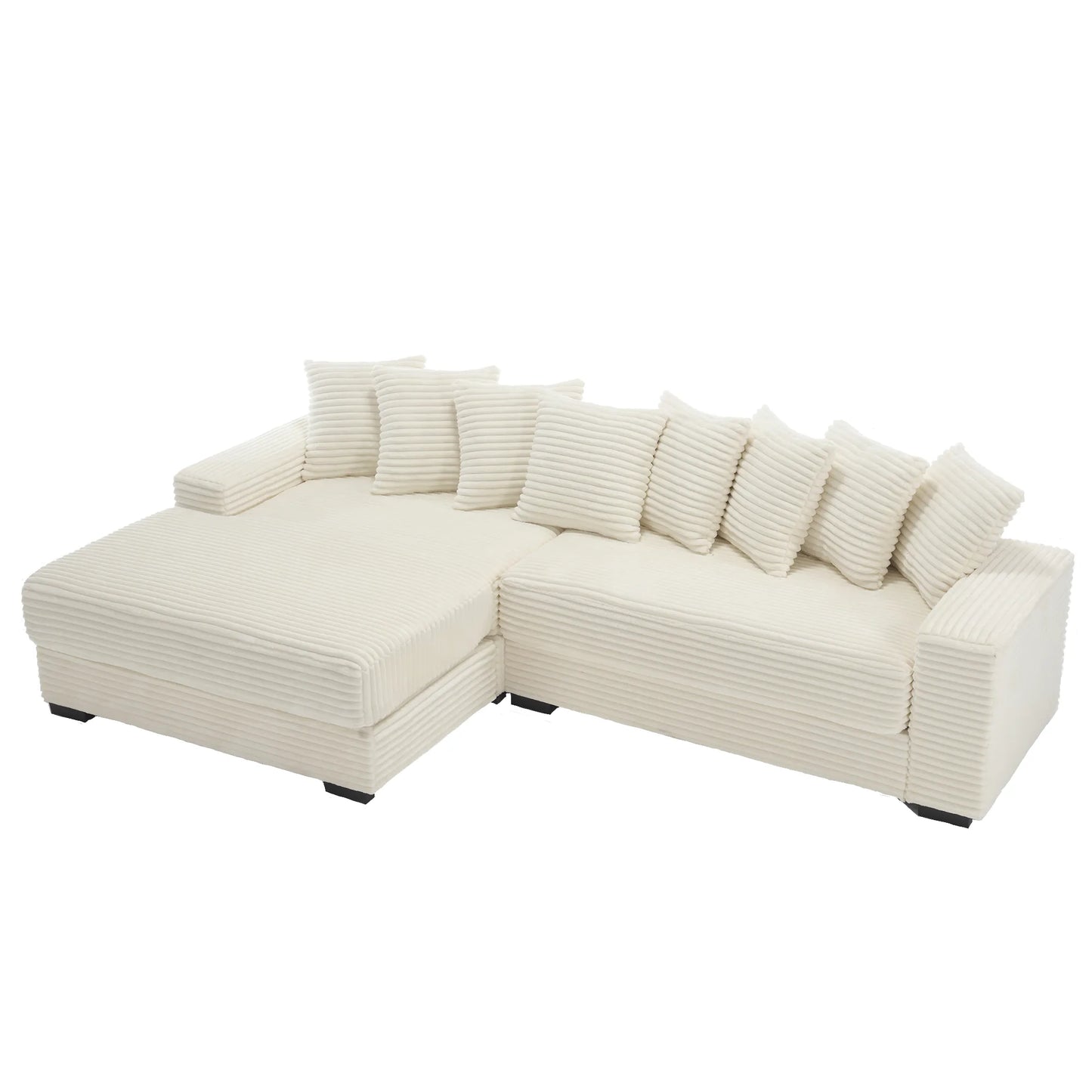 L Shaped Corduroy Couch, Plush Chaise Lounge Sofa, Beige