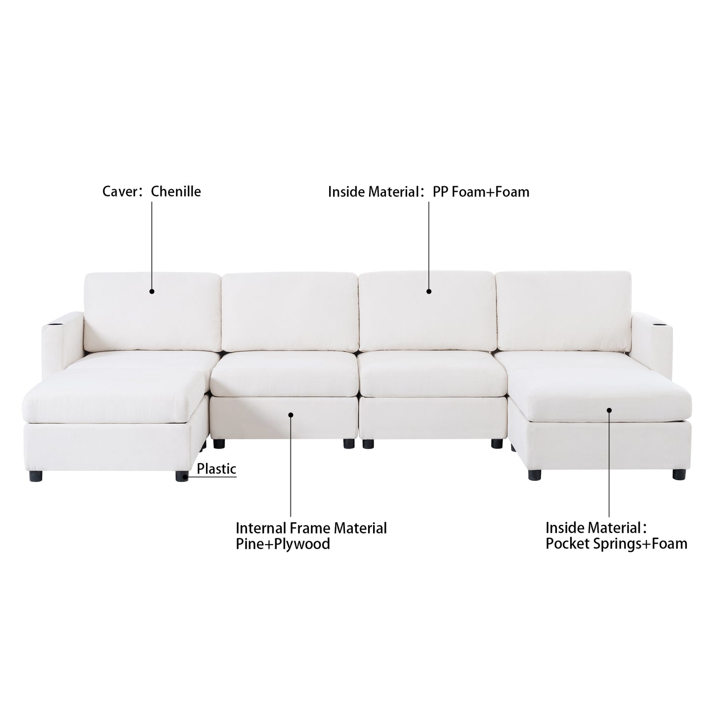 Large Sectional Couch with Storage, Sofa with Chaise- Beige