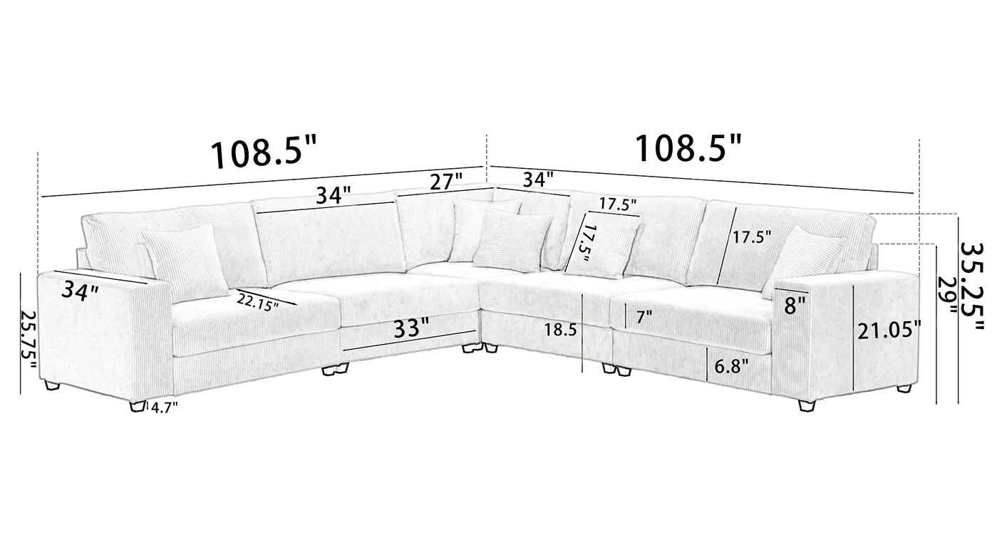 Modular Sectional Sofa, Deep Seat Corduroy Couch, Beige