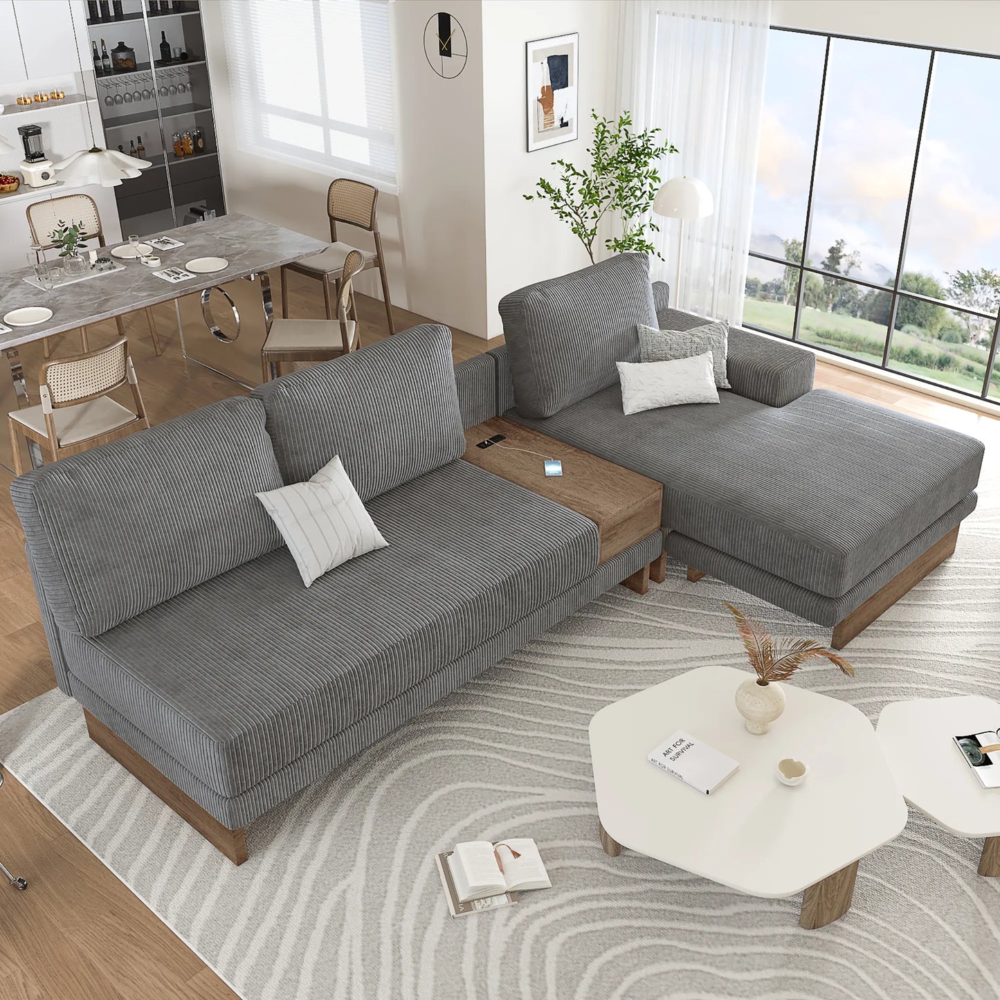 Corduroy Couch, Modern L Shaped Sectional Sofa with Reversible Chaise, Gray