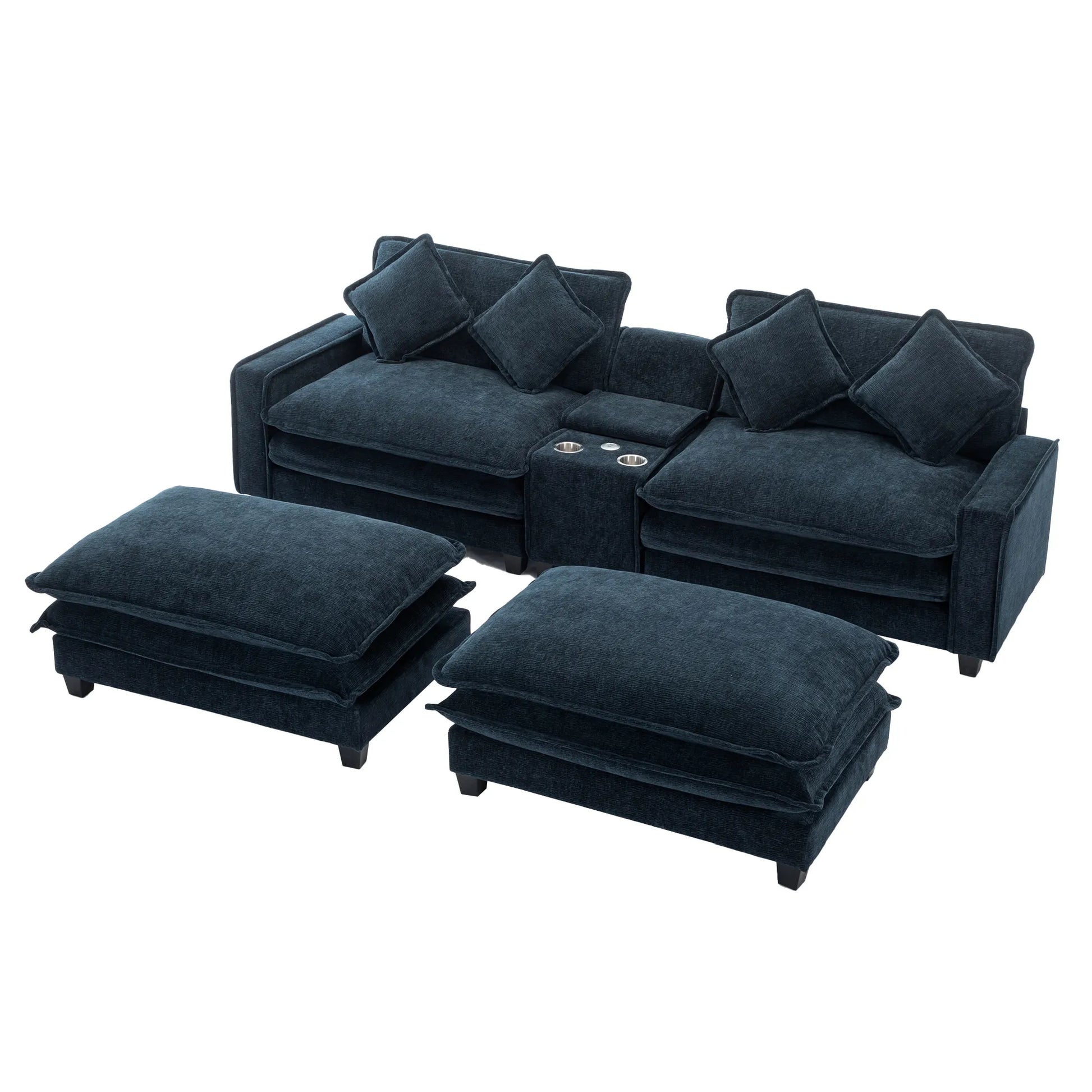 Plush Couch, Deep Seat Couch with Ottomans, Blue