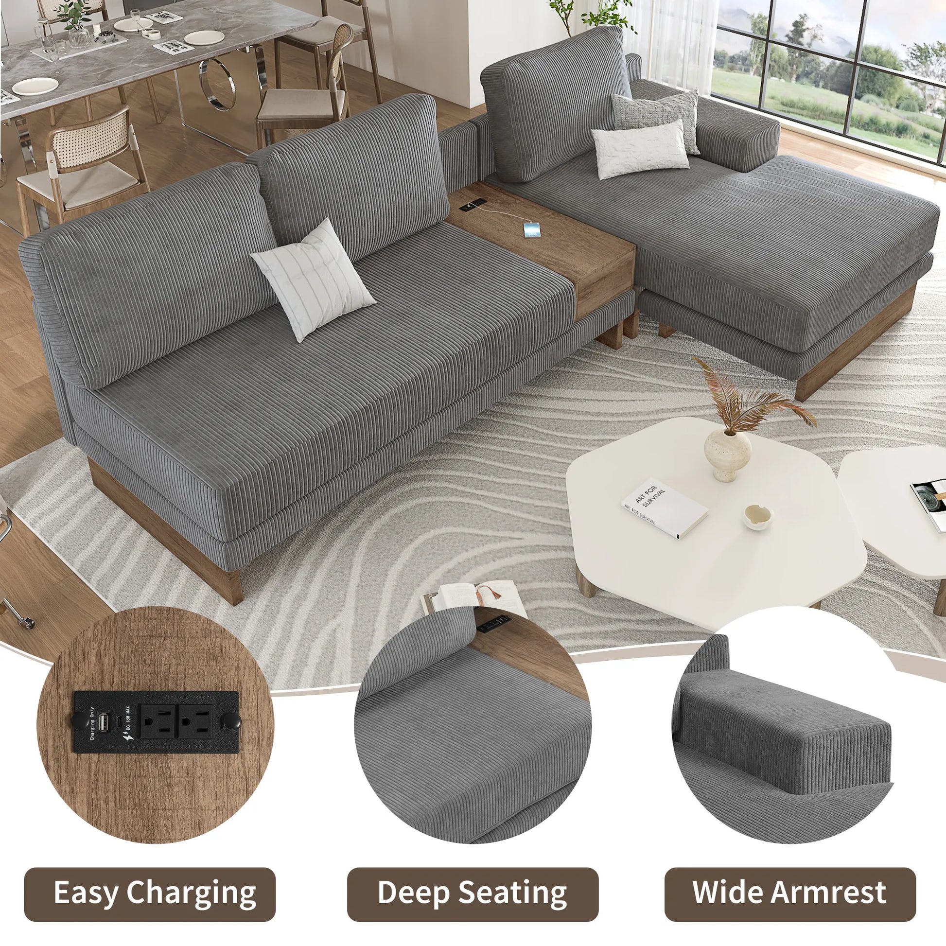 Corduroy Couch, Modern L Shaped Sectional Sofa with Reversible Chaise, Gray