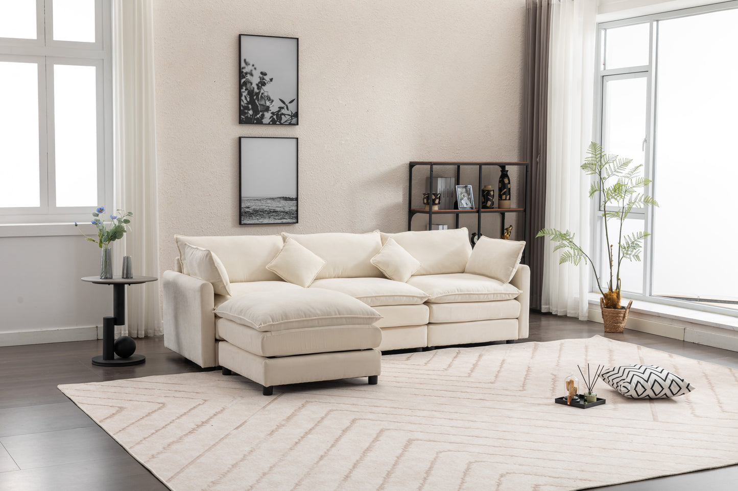 Louie Sofa L Shape, Modular Couch with Ottoman - Beige