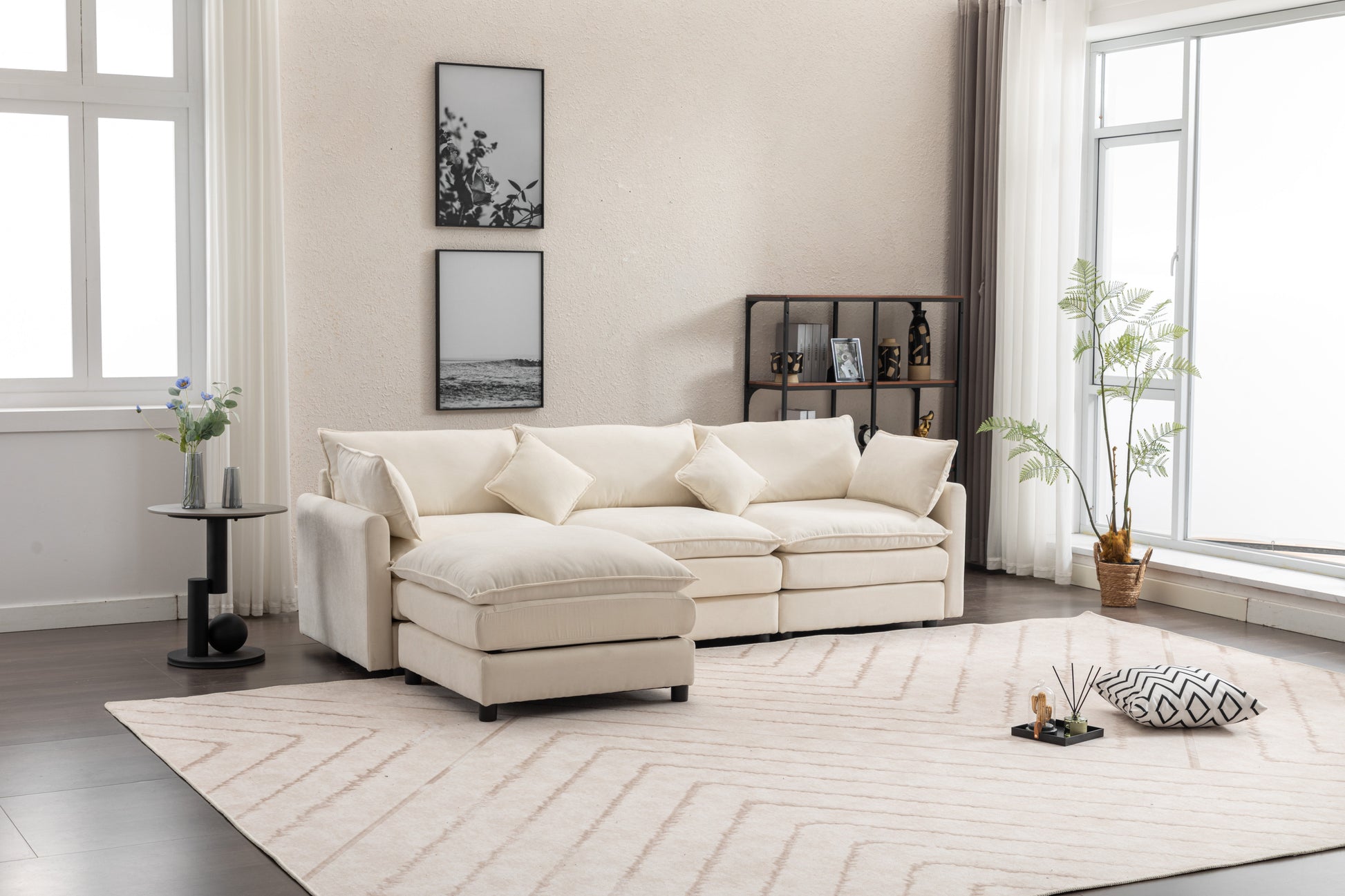 Louie Sofa L Shape, Modular Couch with Ottoman - Beige