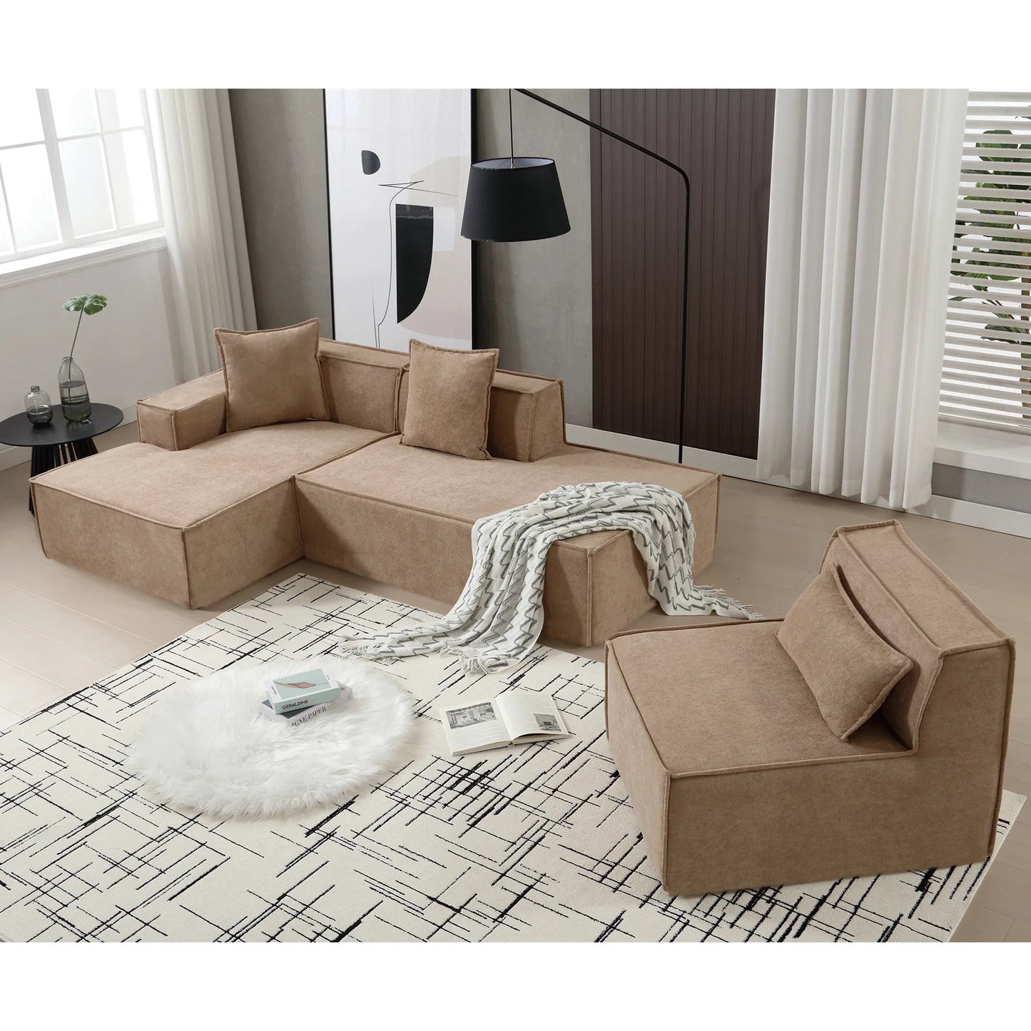 Modular Lounge Sofa, L Shaped Sectional with Chaise, Light Brown