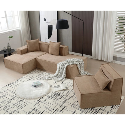 Modular Lounge Sofa, L Shaped Sectional with Chaise, Light Brown