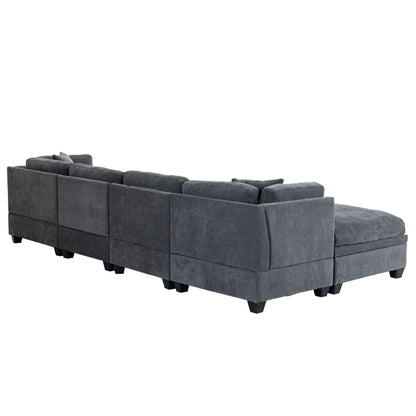 Modular Sofa with Removable Storage Ottoman, 5 Seat Sectional sofa with 2 Hidden Cup Holders