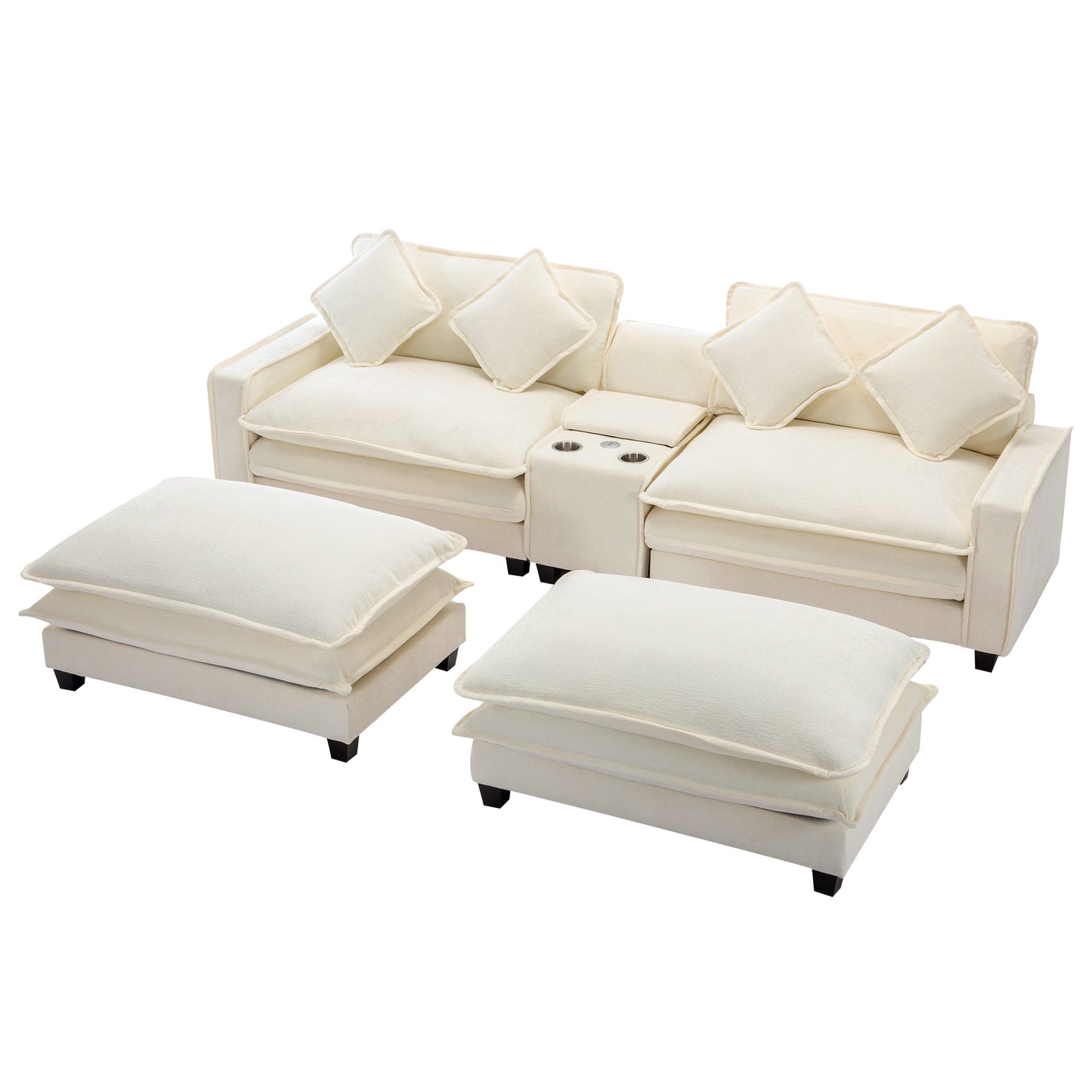 Plush Couch, Deep Seat Couch with Ottomans, Beige