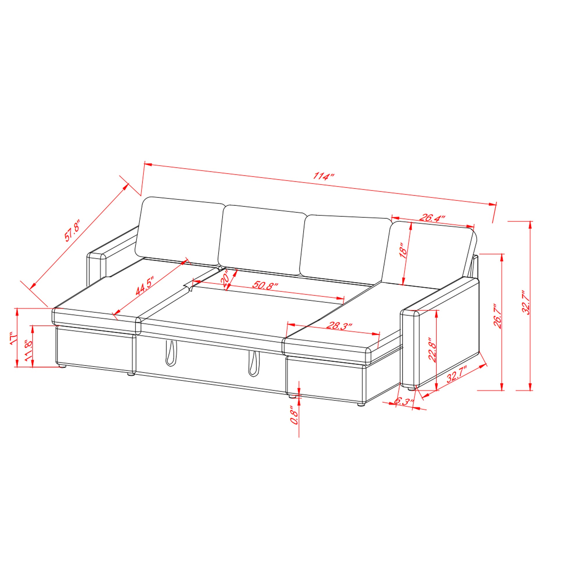 Louie Sofa Chaise Sleeper, Corduroy Couch with Double Chaise Storage - Dark Gray