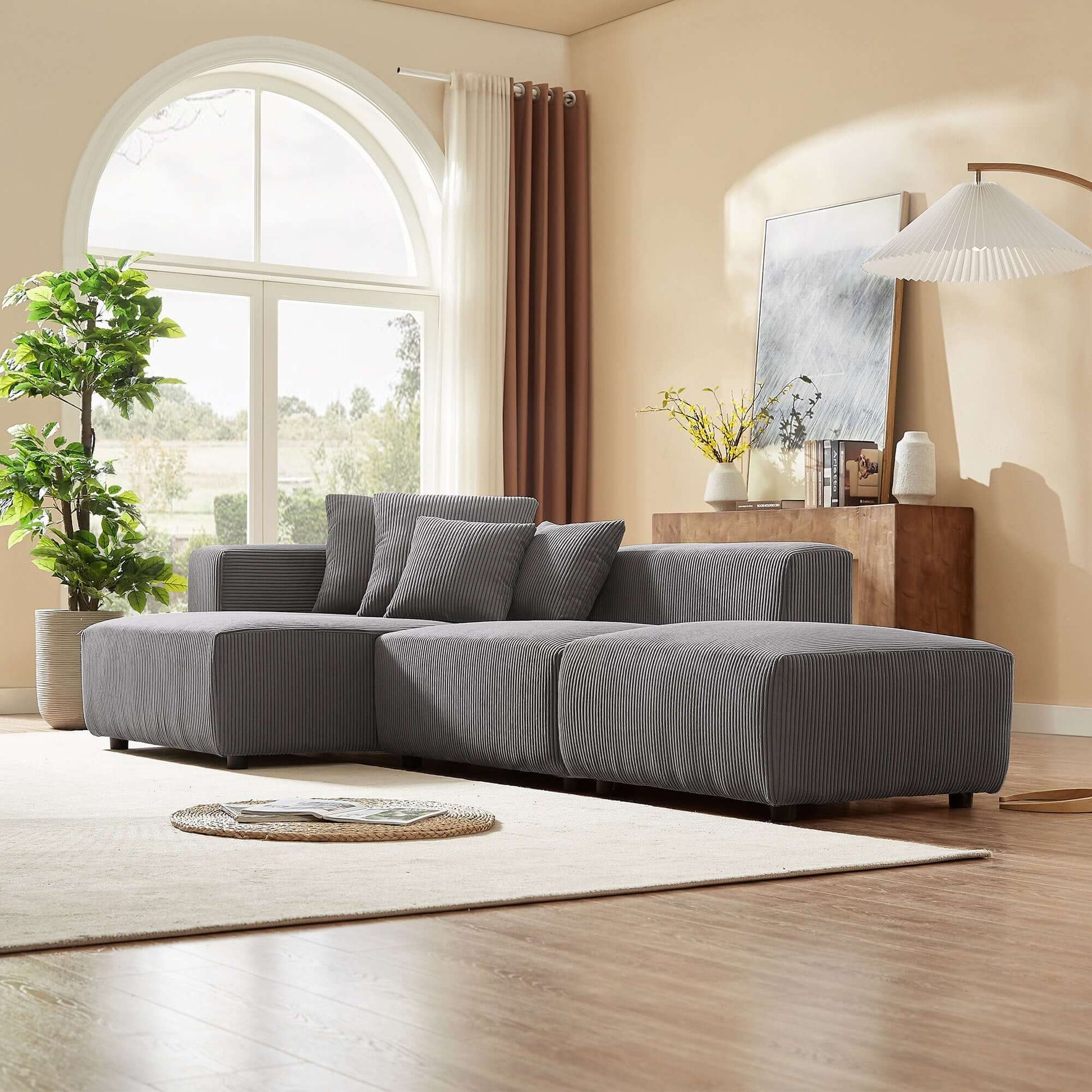Corduroy Couch, Sofa with Chaise Lounge, 3 Piece - Gray