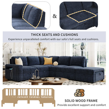 Sleeper Sectional, Sofa L Shape, Couch with Ottoman and Storage, Blue