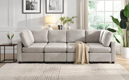 U Shaped Couch, Chenille Sectional Sofa with Ottoman, Grey