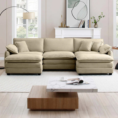 U Shape Sectional Cloud Sofa, Plush Corduroy Couch with Ottoman, Camel