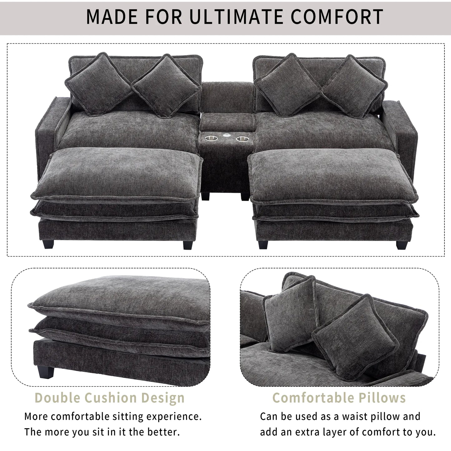 Plush Couch, Deep Seat Couch with Ottomans, Black