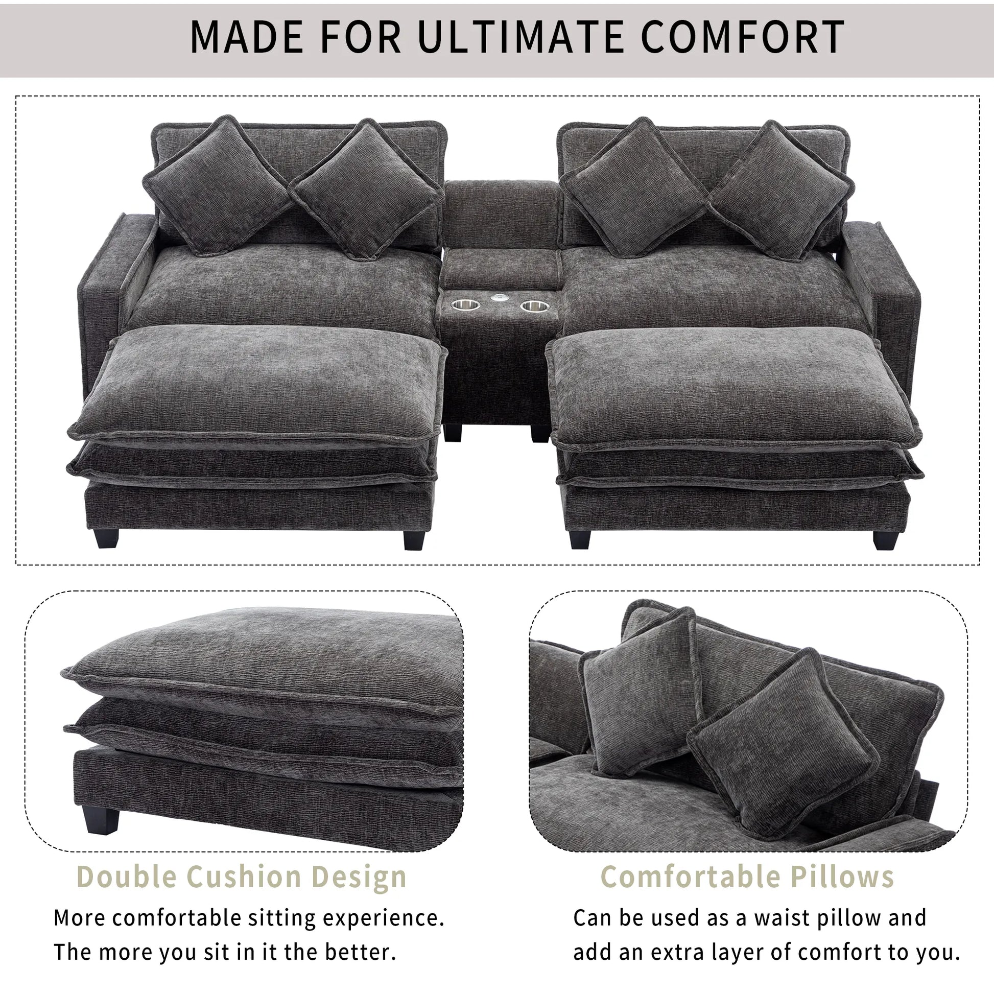 Plush Couch, Deep Seat Couch with Ottomans, Black