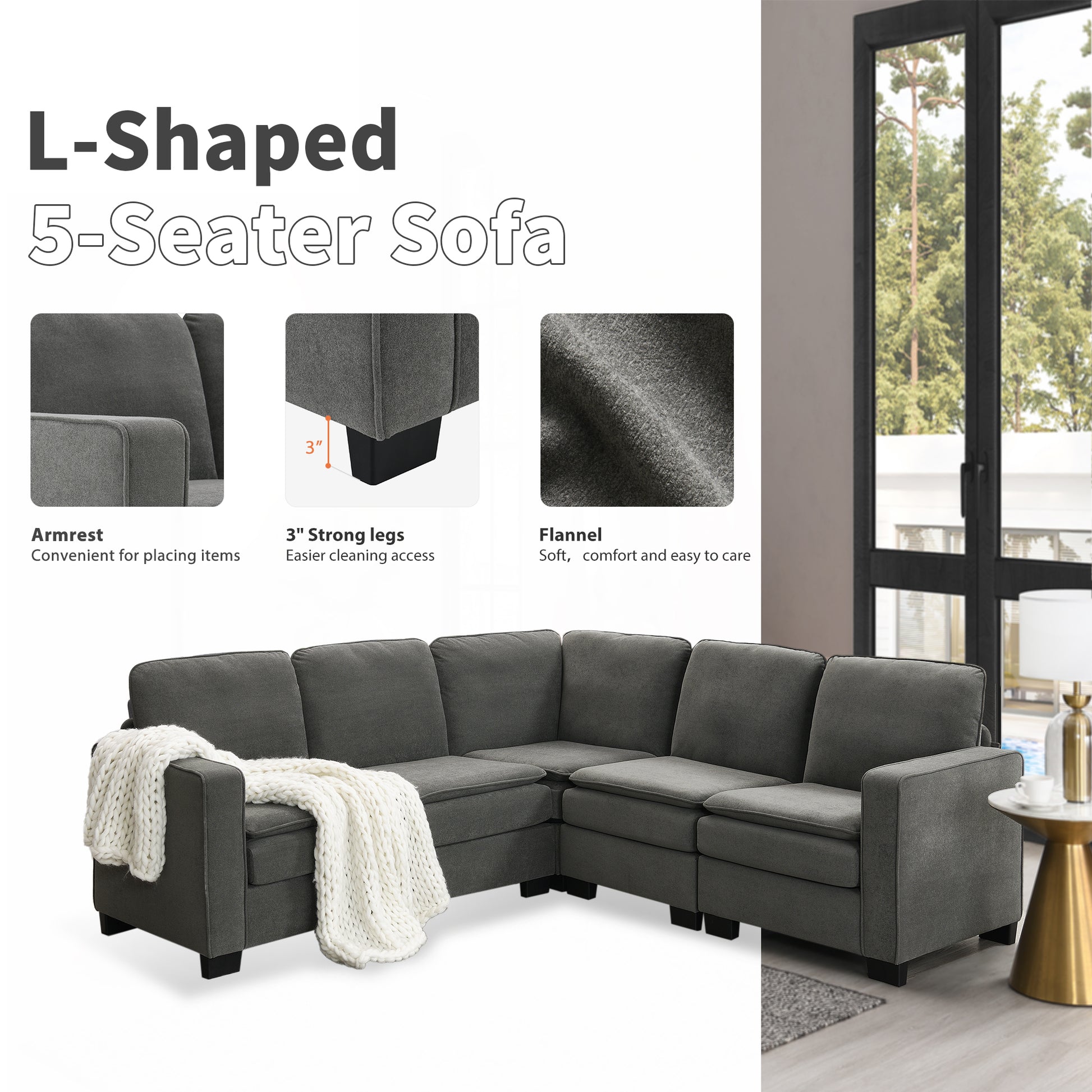 Corner Sectional Sofa, L-Shaped Comfy Couch, Gray