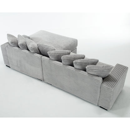 L Shaped Corduroy Couch, Plush Chaise Lounge Sofa, Gray