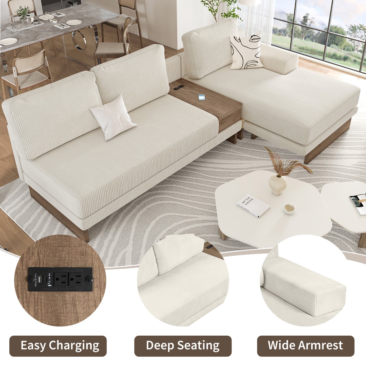 Corduroy Couch, Modern L Shaped Sectional Sofa with Reversible Chaise, Beige