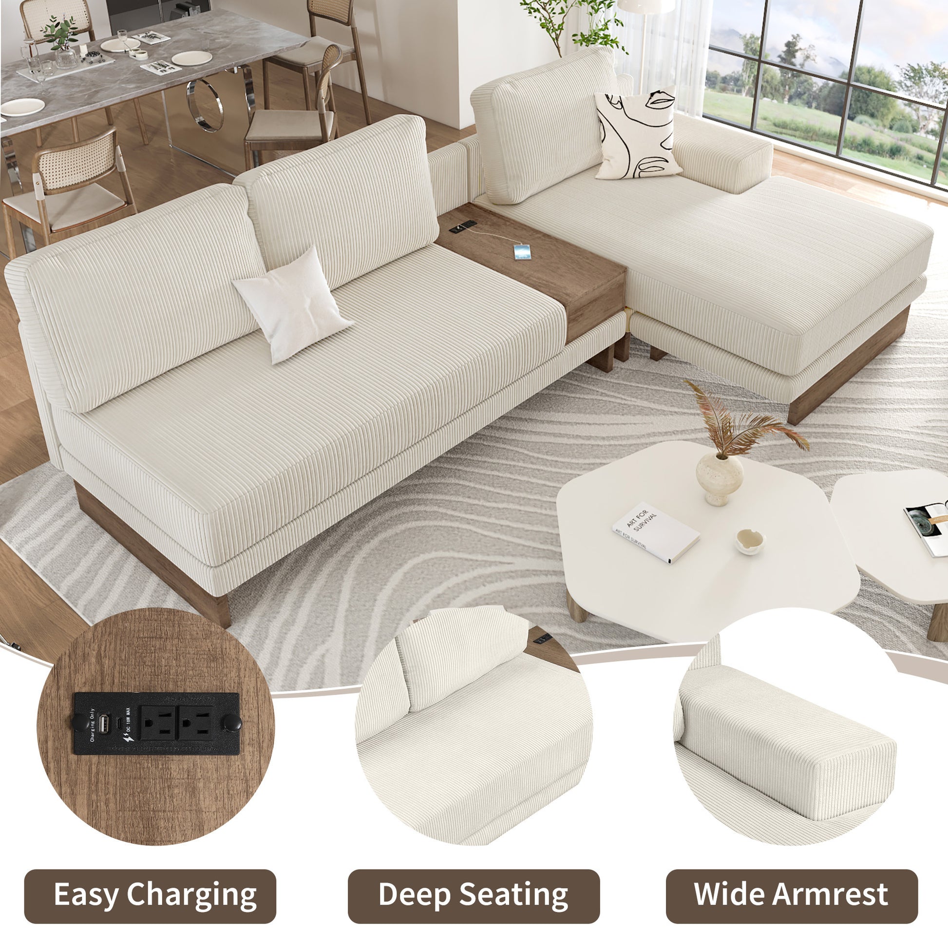Corduroy Couch, Modern L Shaped Sectional Sofa with Reversible Chaise, Beige