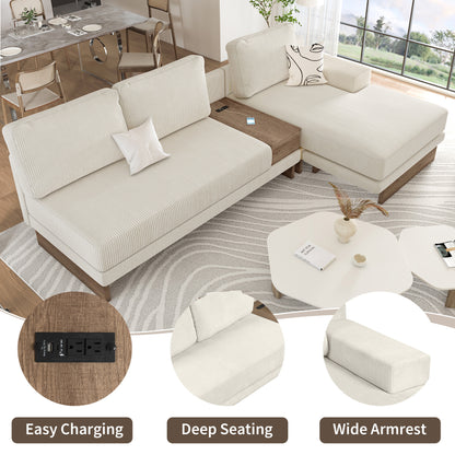 Corduroy Couch, Modern L Shaped Sectional Sofa with Reversible Chaise, Beige