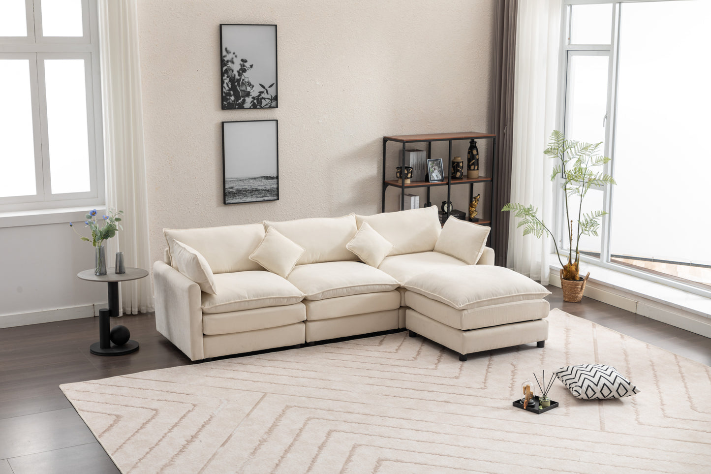 Louie Sofa L Shape, Modular Couch with Ottoman - Beige