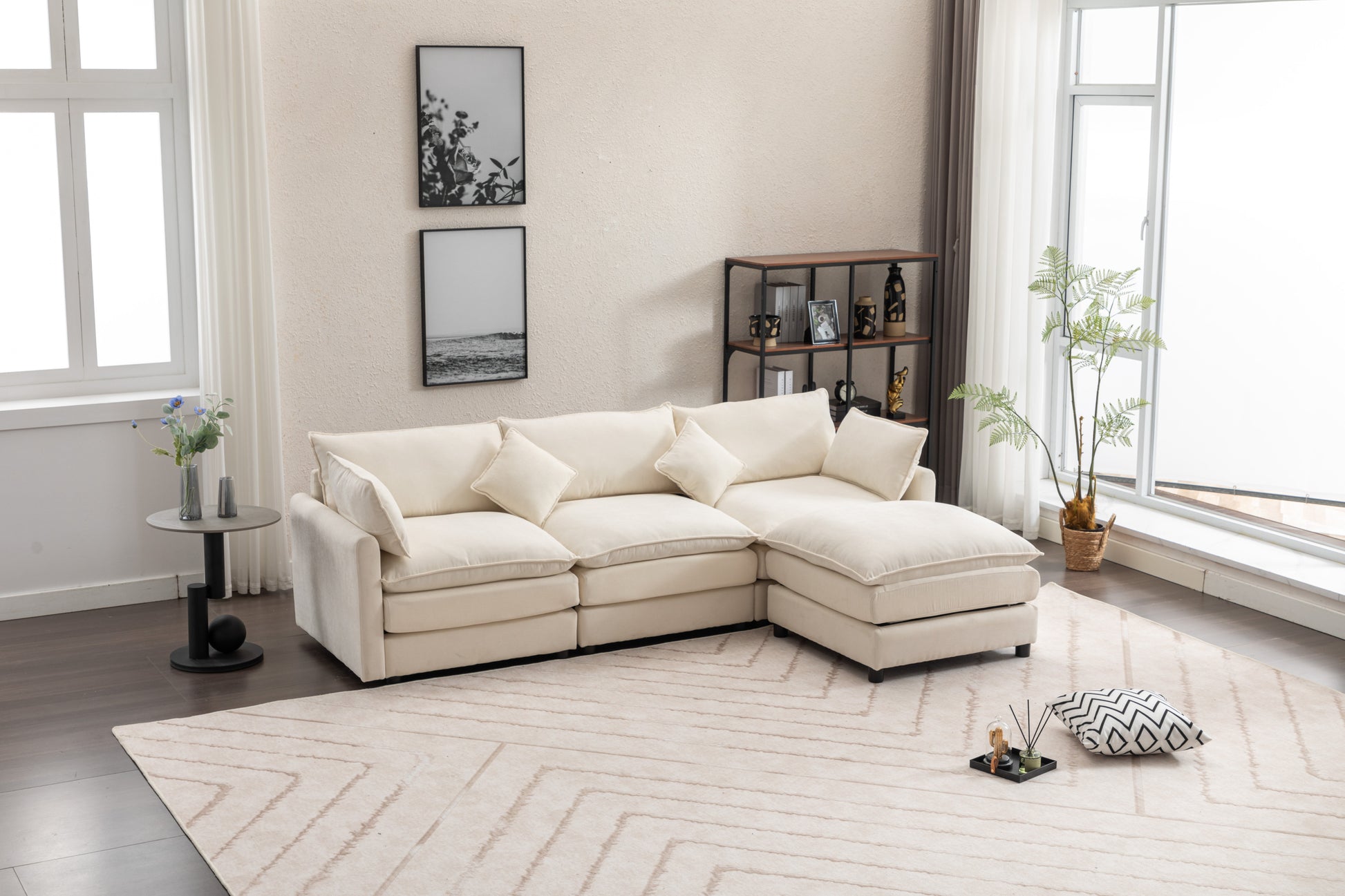 Louie Sofa L Shape, Modular Couch with Ottoman - Beige