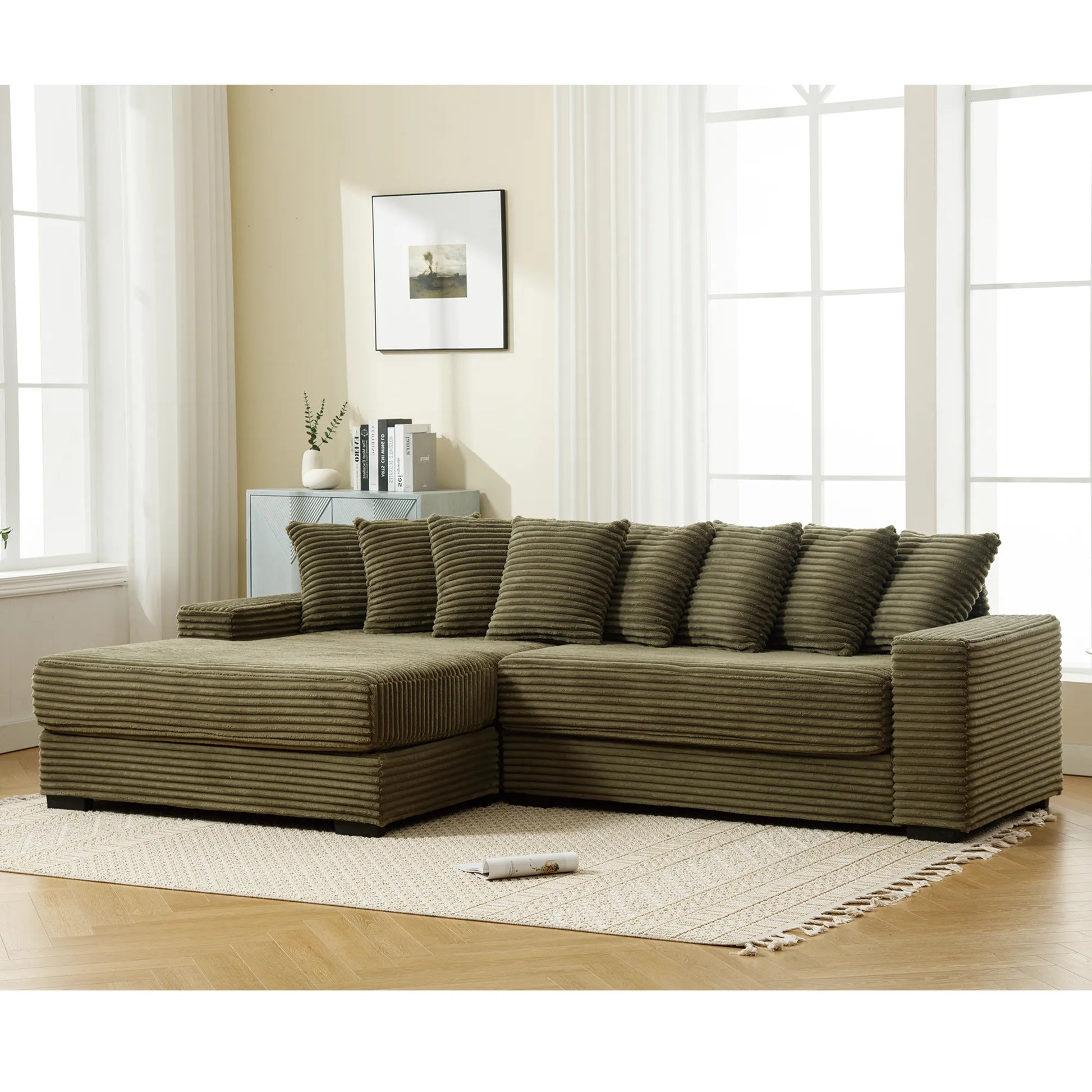 L Shaped Corduroy Couch, Plush Chaise Lounge Sofa, Green