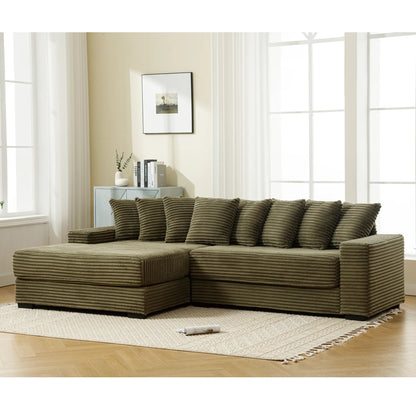 L Shaped Corduroy Couch, Plush Chaise Lounge Sofa, Green